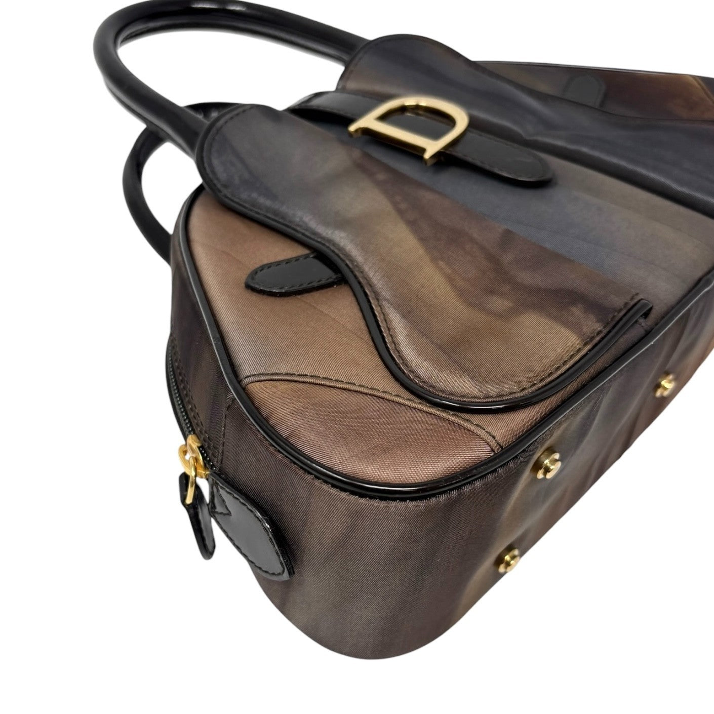 Christian Dior Vintage Double Saddle Bag Geometric Brown Nylon Patent 902265