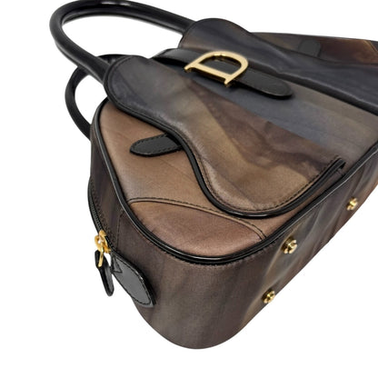 Christian Dior Vintage Double Saddle Bag Geometric Brown Nylon Patent 902265