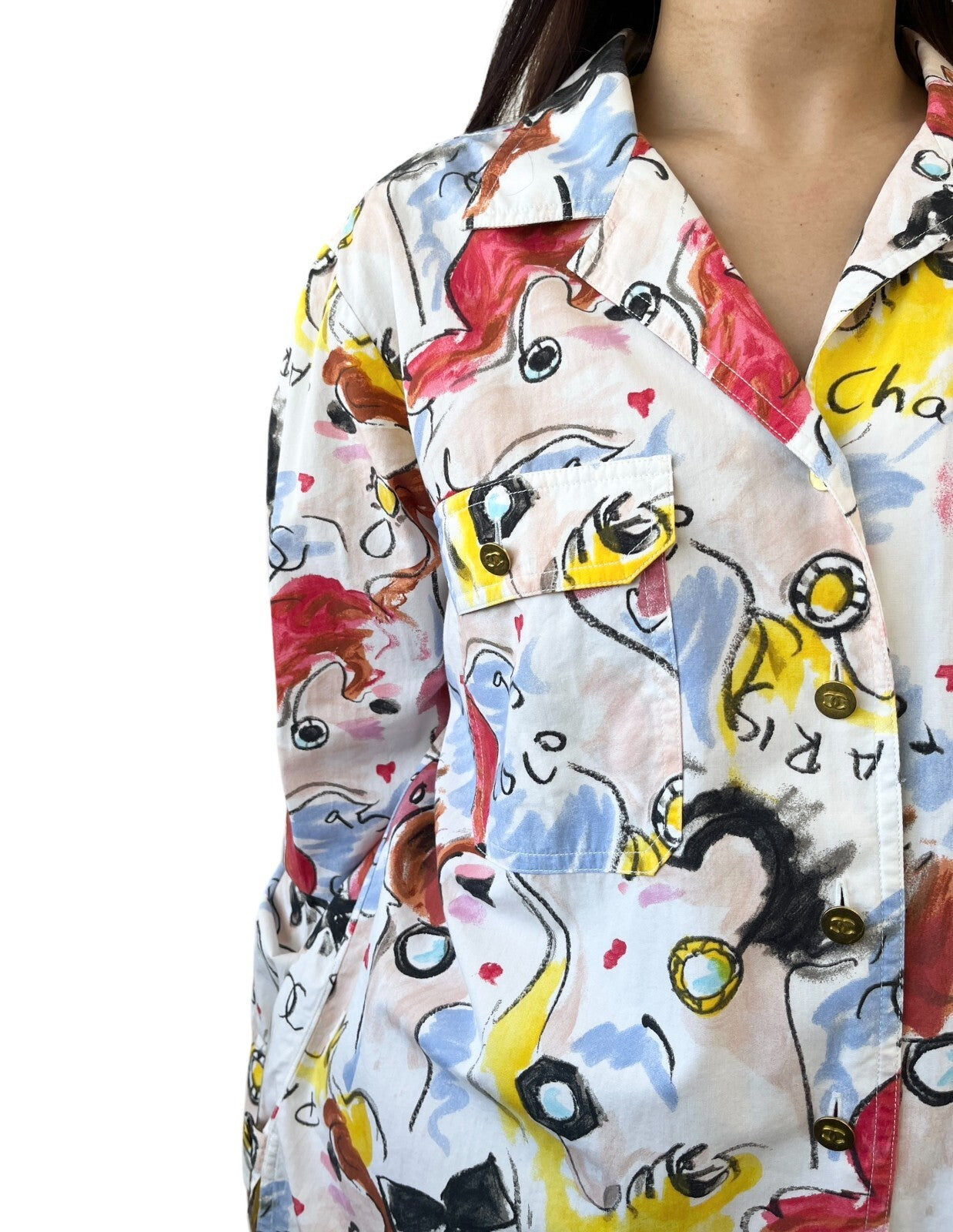 CHANEL Vintage 1995 CC Mark Shirt Shorts Set Button Multicolor Cotton Rank AB+