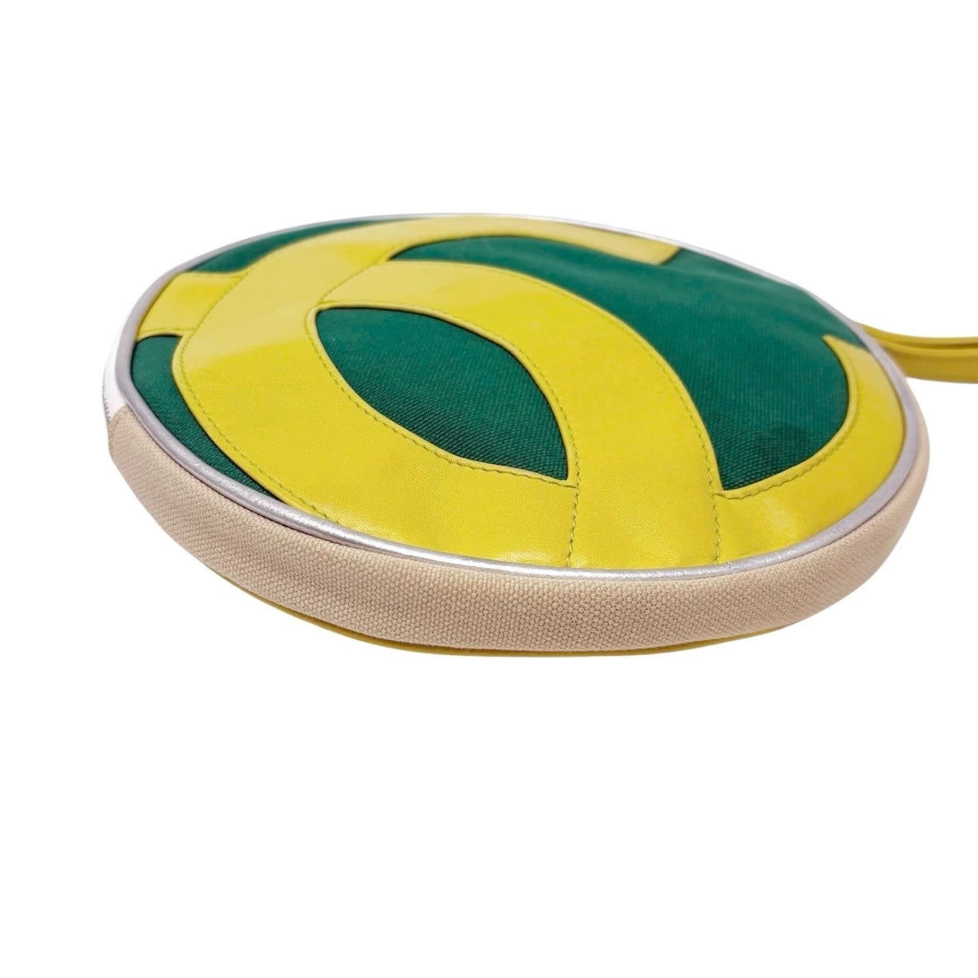 CHANEL Vintage CC Logo No.5 Round Clutch Pouch Bag Yellow Green Silver Cotton