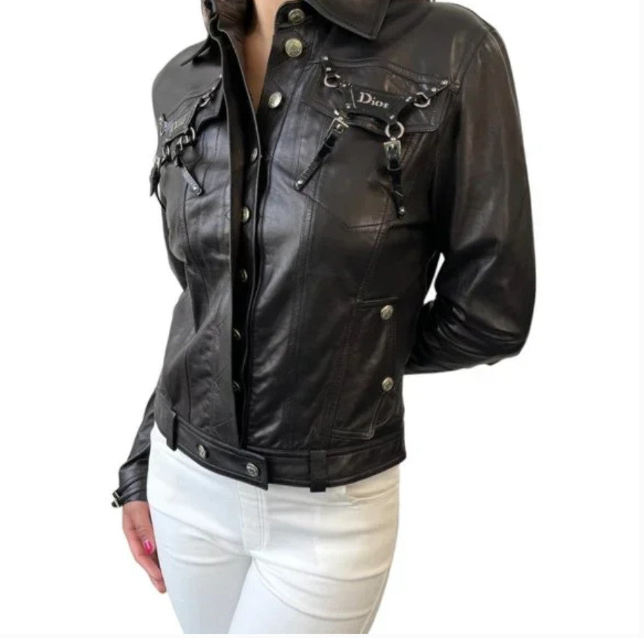 Christian Dior Vintage 2004 Bondage Logo Leather Jacket #36 Black Silver