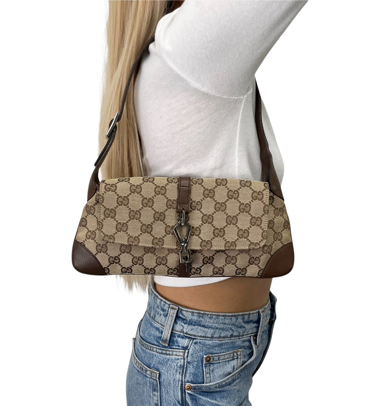 GUCCI Vintage GG Monogram Jackie Shoulder Bag Beige Canvas Leather 902329