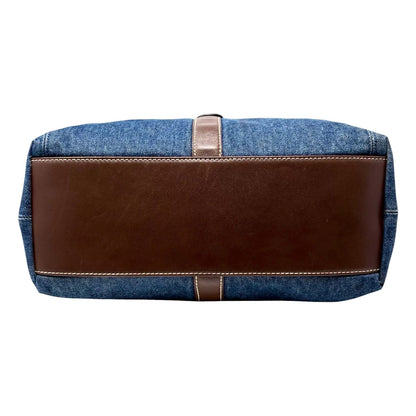 CHANEL Vintage CC Logo Denim Turnlock Tote Shoulder Bag Blue Brown Leather
