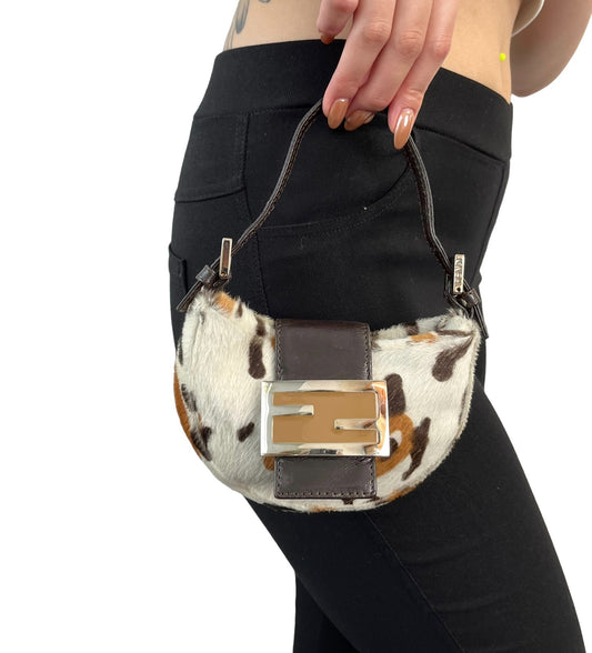 FENDI Vintage Logo Leopard Pony Calf Hair Micro Croissant Handbag Bag White
