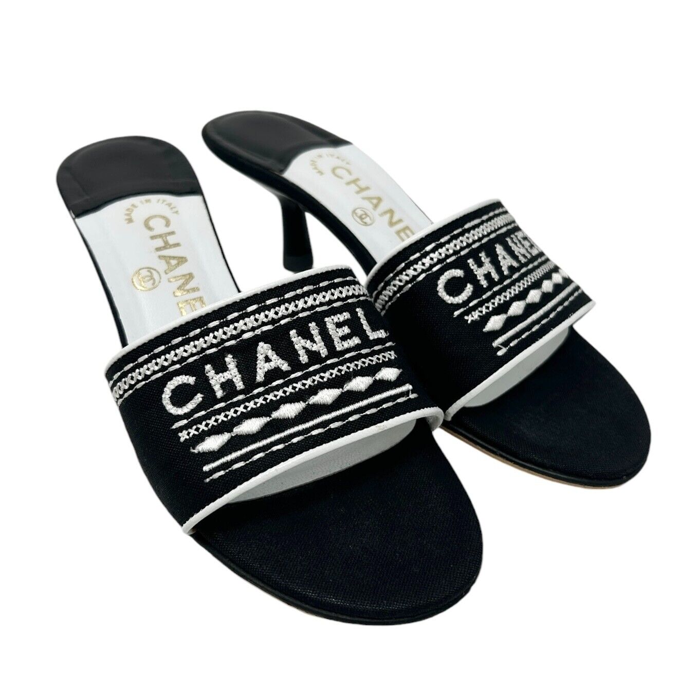 CHANEL Vintage Jacquard Logo Sandals #36 US6 Black Linen Embroidery Rank AB