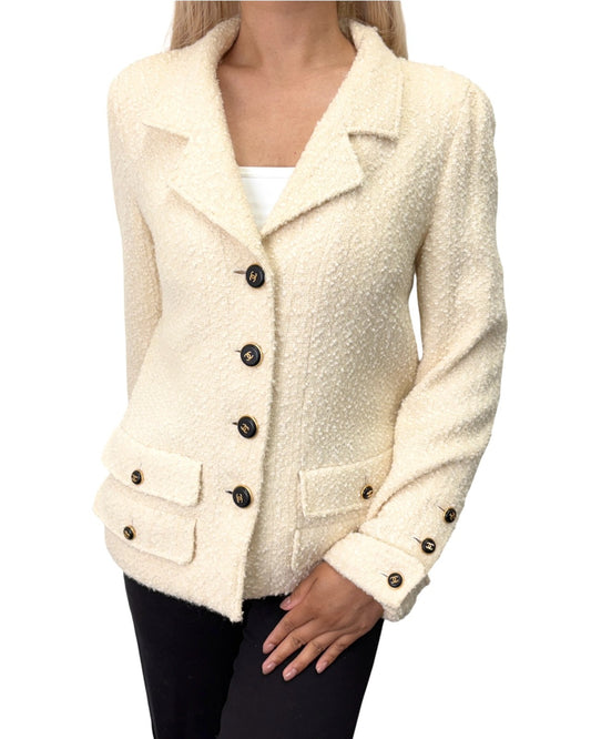 CHANEL Vintage CC Logo Tweed Double Pockets Jacket #38 Beige Black 902833
