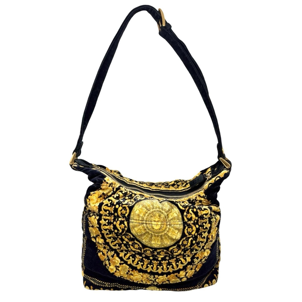 VERSACE Vintage Sunburst Logo Barocco Velvet Hobo Shoulder Bag Yellow 902307