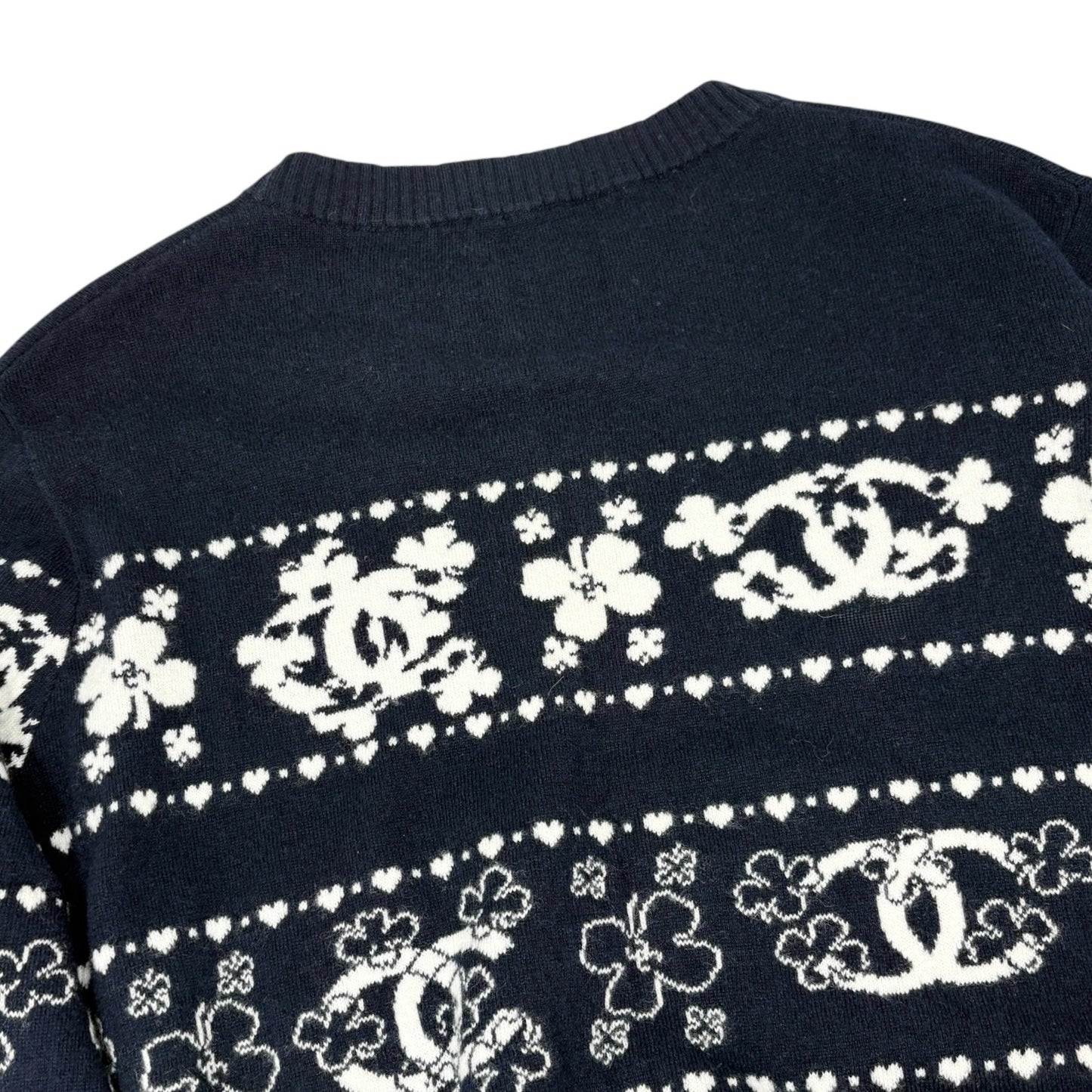 CHANEL Vintage P63037 CC Logo Cashmere Knit Sweater Top #46 Dark Blue Clover