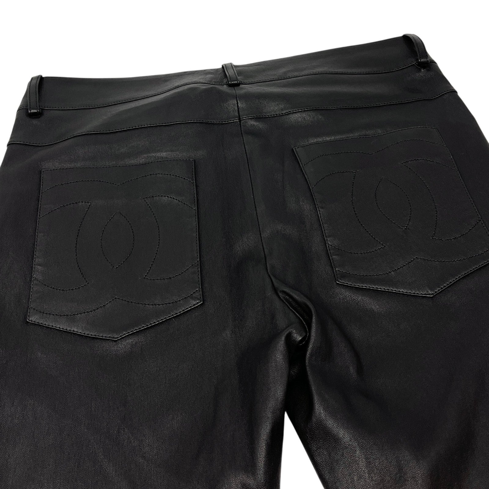 CHANEL Vintage P47479 CC Mark Logo Leather Pants #38 Button Zip Black Lambskin