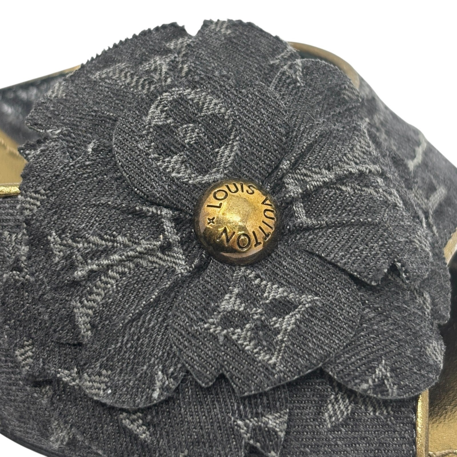 LOUIS VUITTON Vintage Monogram Denim Flower Sandals Heels #36 Black Open Toe
