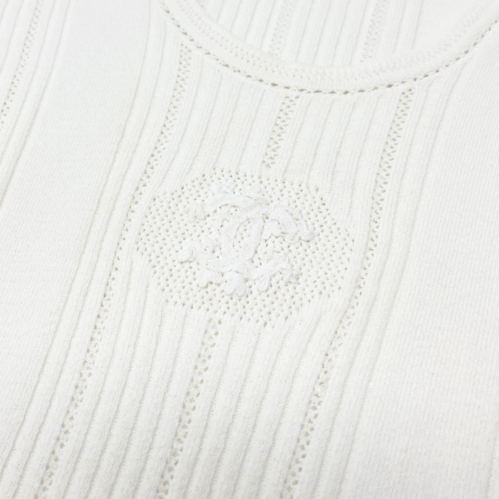 CHANEL Vintage 03P CC Logo Knit Rib T-shirt Top Mesh White Cotton Short Sleeve
