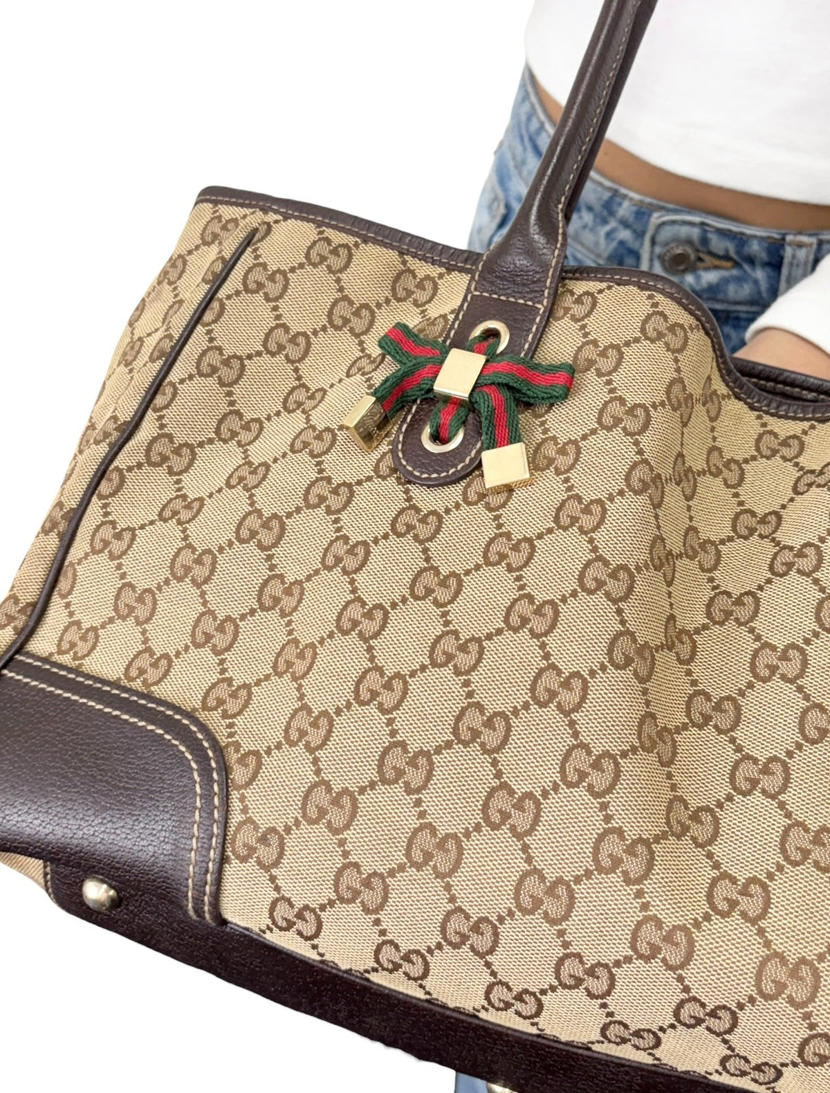 GUCCI Vintage GG Monogram Web Stripe Ribbon Tote Shoulder Bag Brown 902465