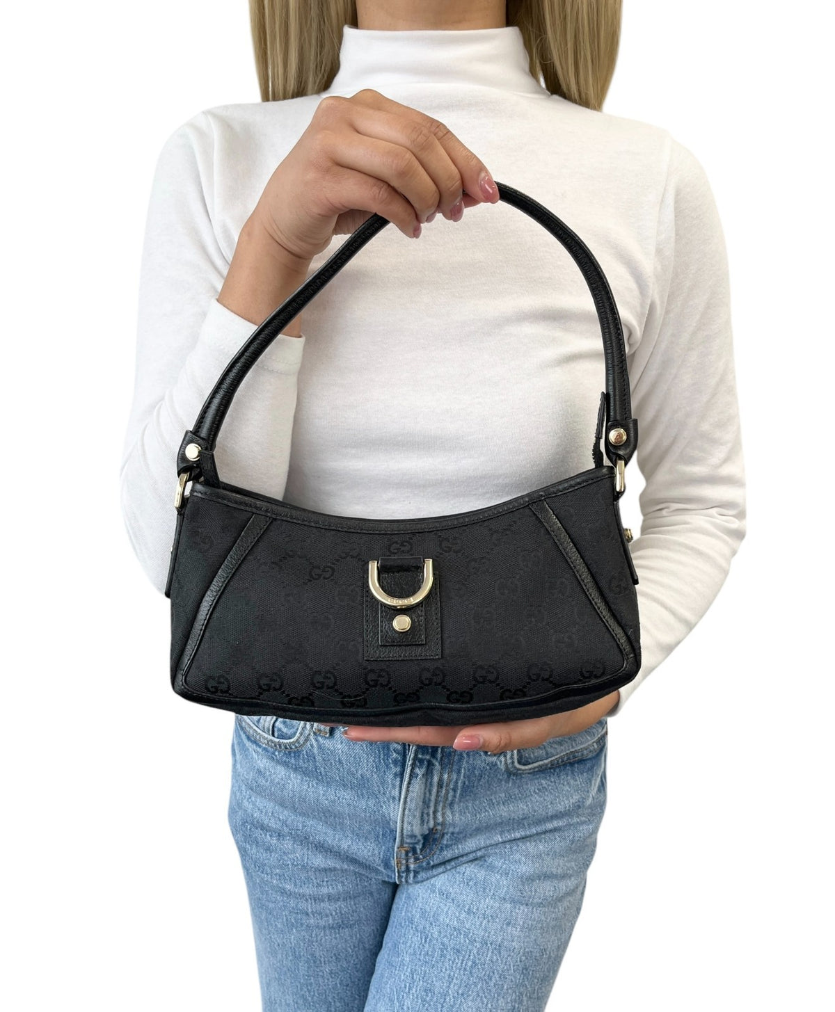GUCCI Vintage GG Monogram Logo Abbey Bag Zip Black Gold Canvas Leather 902815