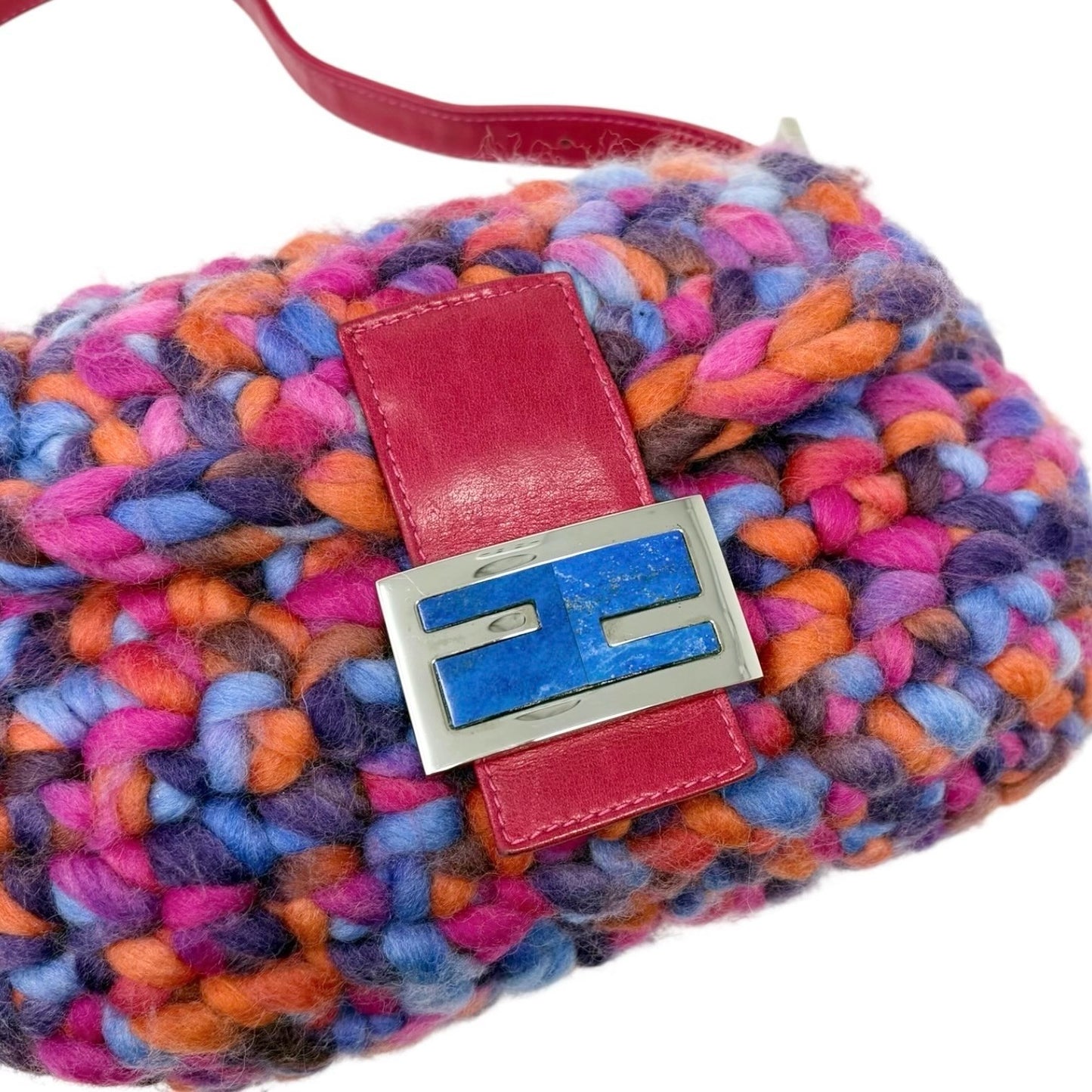 FENDI Vintage FF Logo Crochet Mamma Baguette Shoulder Bag Pink Multicolor Wool