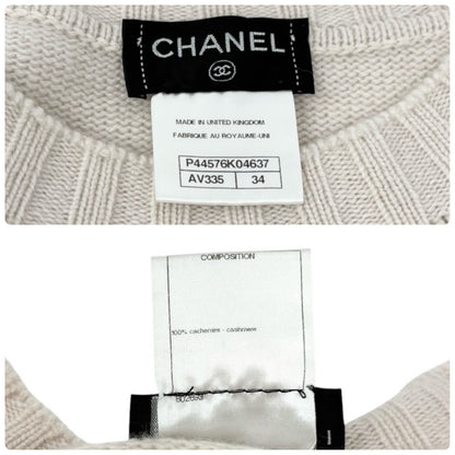 CHANEL Vintage P44576 CC Logo Cashmere Knit Sweater Top #34 Beige Ivory 901966