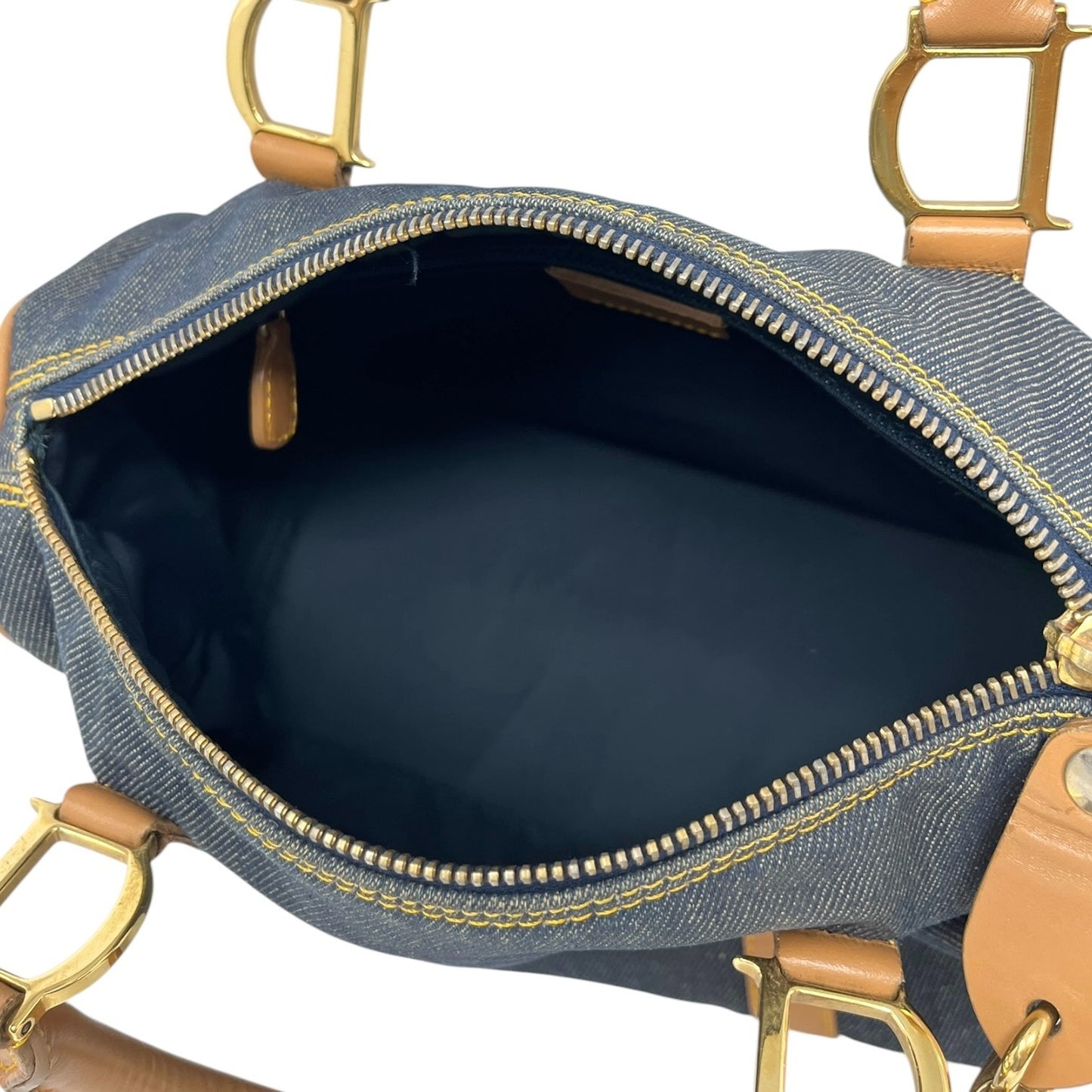 Christian Dior Vintage 2002 D Charm Denim Mini Boston Bag Blue Beige Gold 902586