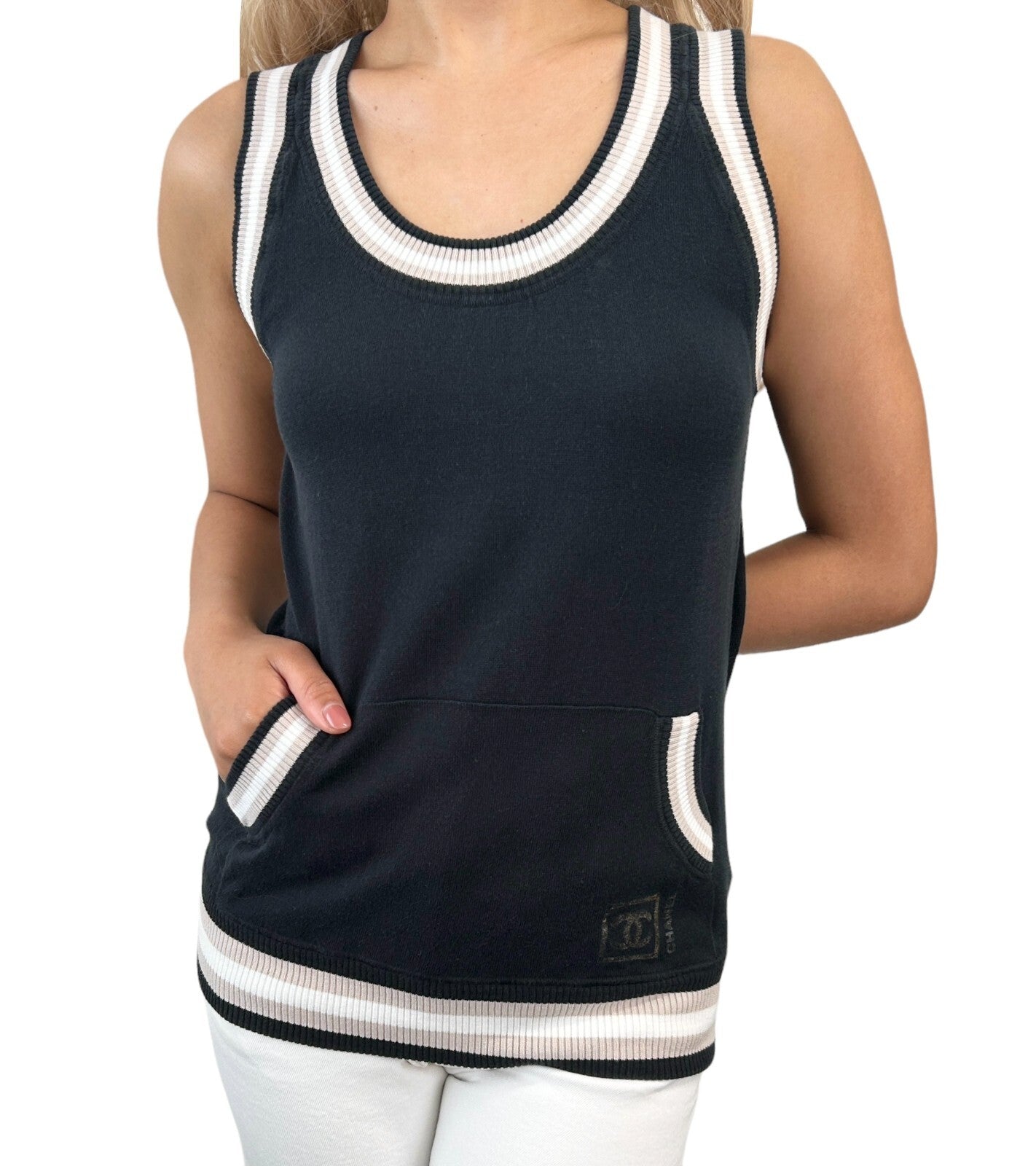 CHANEL Sport Vintage 08P CC Mark Logo Knit Tank Top #38 Black Cotton Rank AB