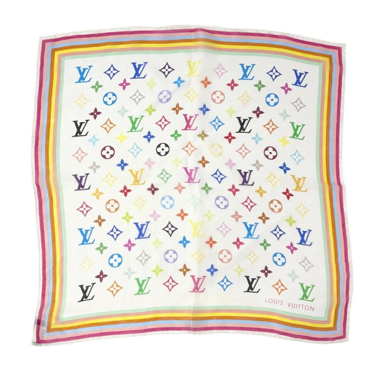 LOUIS VUITTON Vintage LV Logo Monogram Multicolor Silk Scarf White 901980