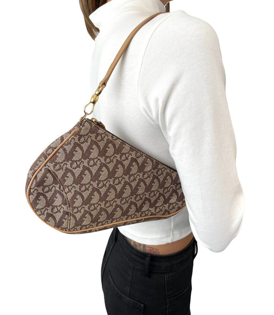 Christian Dior Vintage 2001 Trotter Monogram Mini Saddle Bag Brown Canvas Leathe