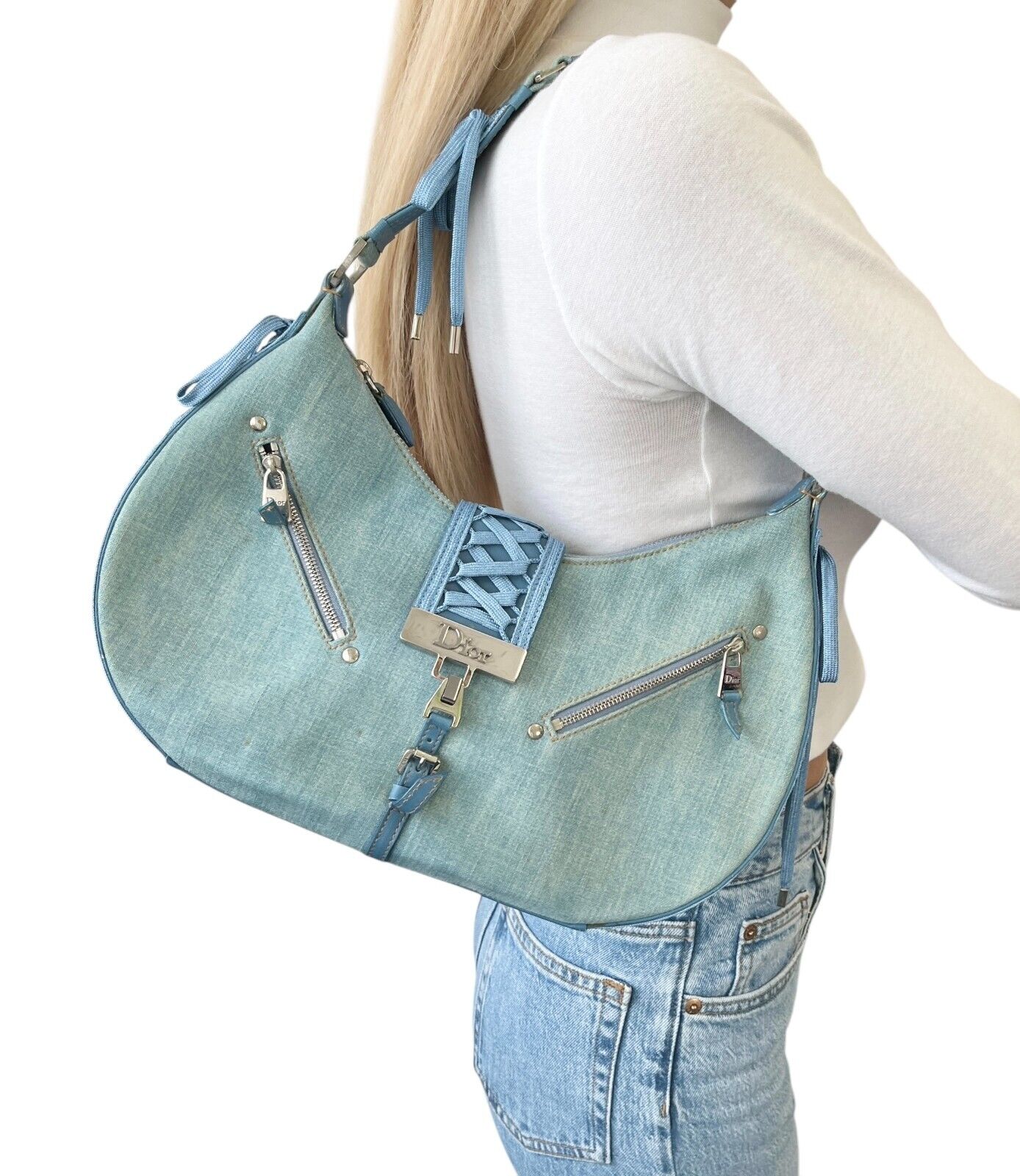 Christian Dior Vintage 2002 Admit It Denim Shoulder Bag Blue Silver Cotton