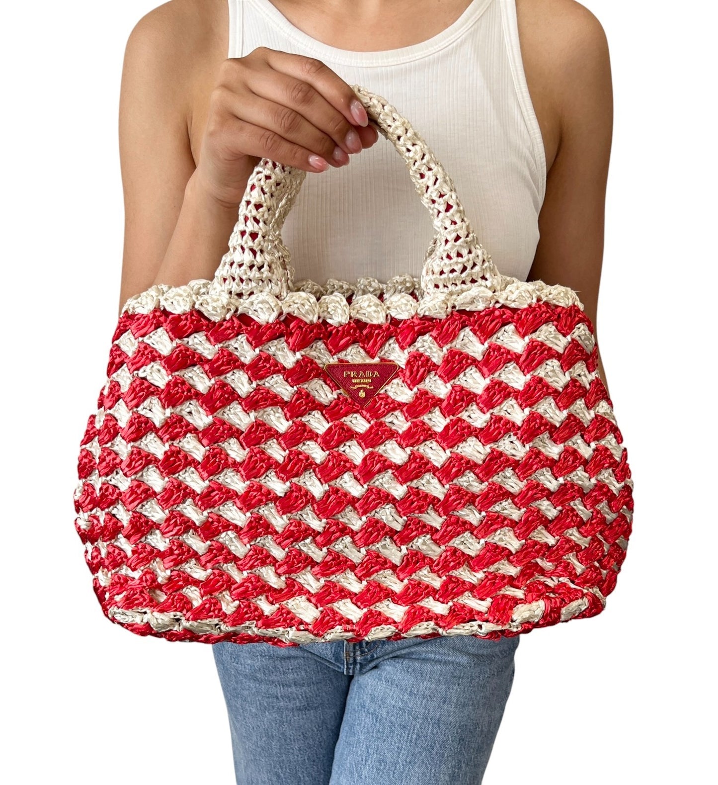 PRADA Vintage Triangle Logo Raffia Canapa Tote Bag Red White Crochet 902048