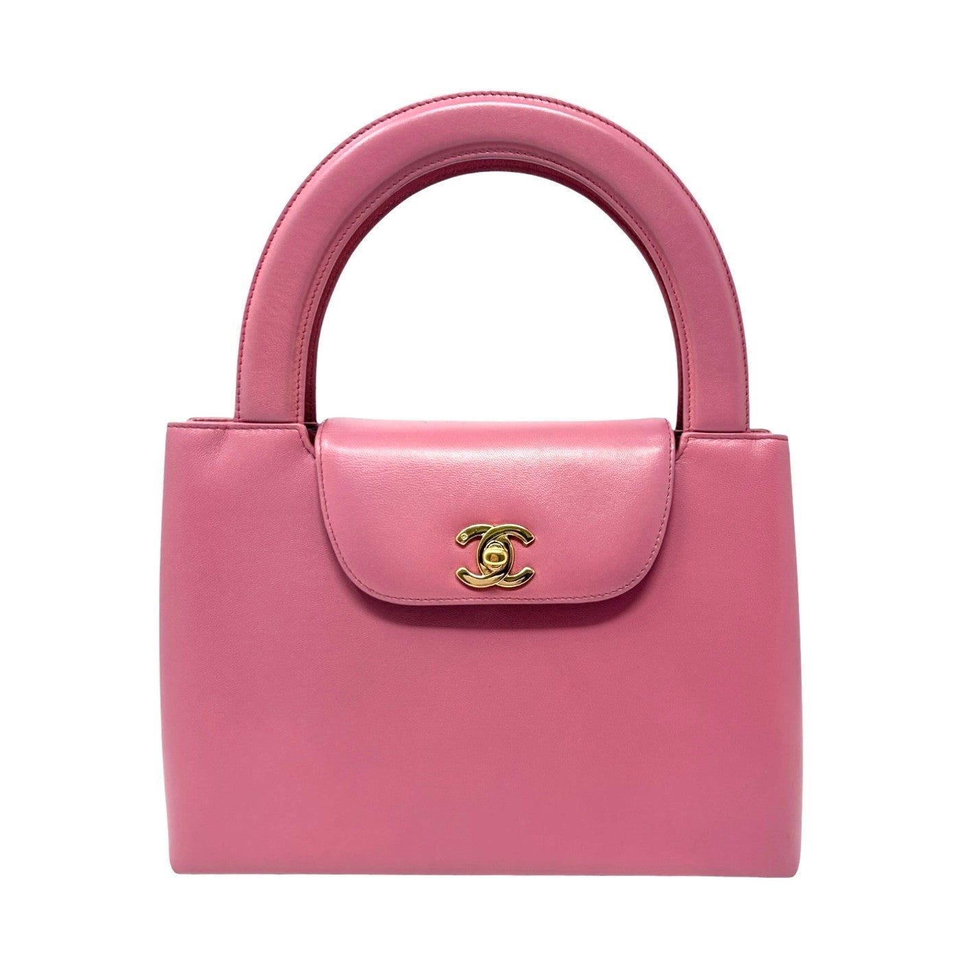 CHANEL Vintage CC Logo Turnlock Top Handle Flap Bag Pink Gold Leather Handbag