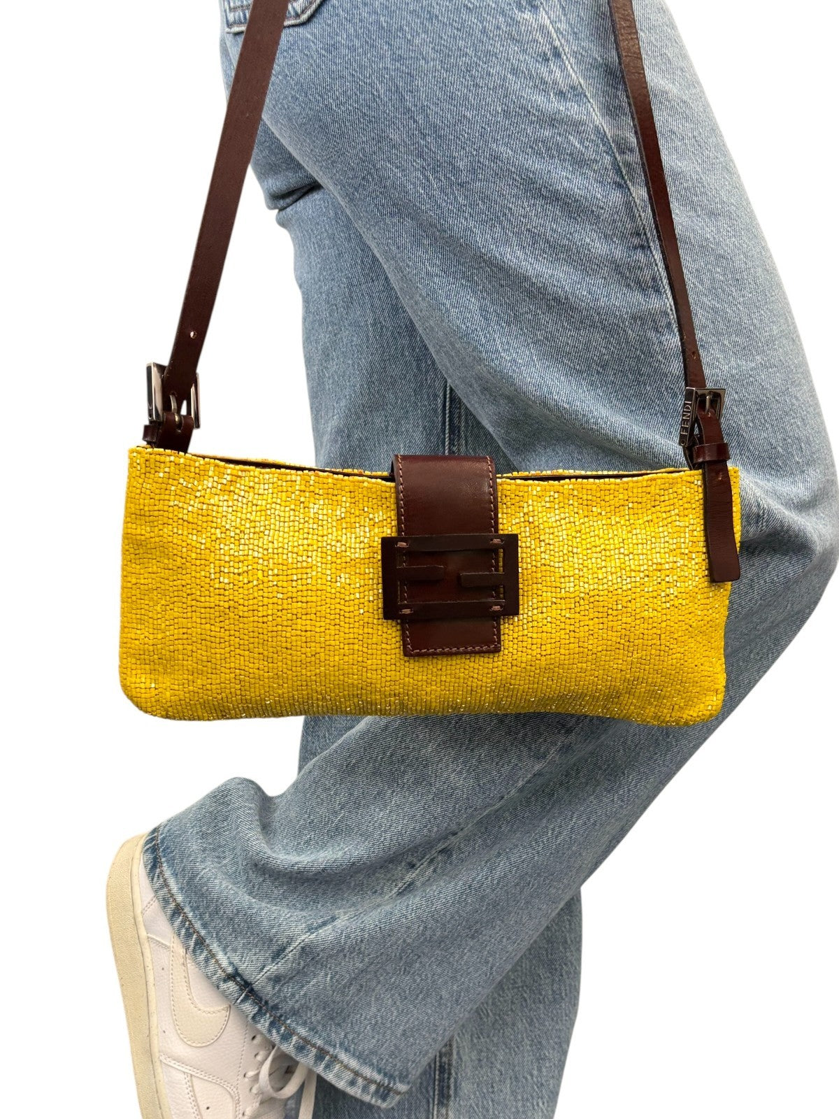 FENDI Vintage FF Logo Beads Mamma Baguette Crossbody Shoulder Bag Yellow Brown