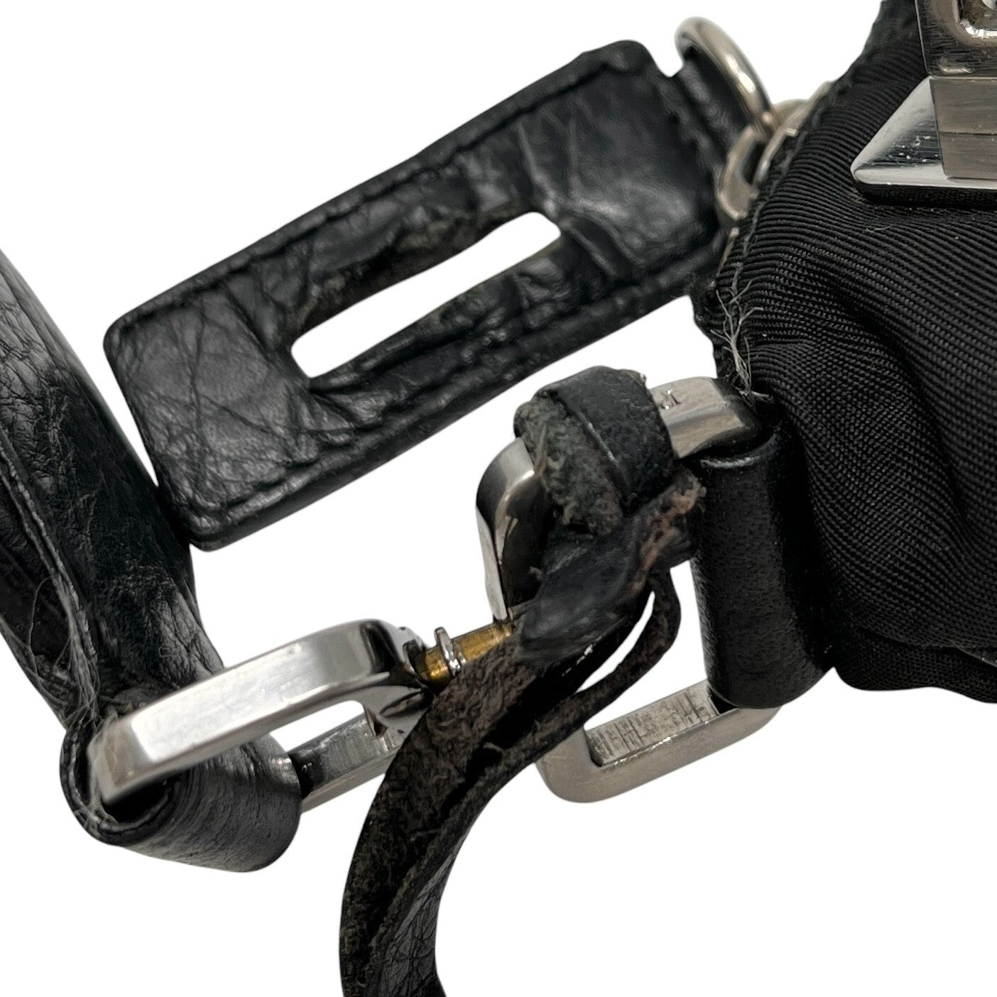 PRADA Vintage Logo Shoulder Bag Zip Padlock Black Silver Nylon Leather