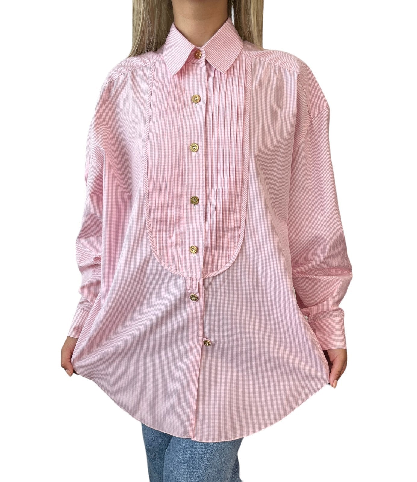 CHANEL Vintage CC Logo Gingham Check Button Up Shirt Top Pink  Cotton 901849