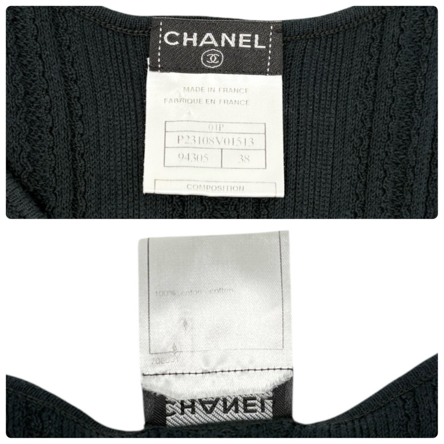 CHANEL Vintage 01P CC Logo Mesh Rib Knit Tank Top #38 Black Cotton 902425