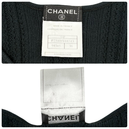 CHANEL Vintage 01P CC Logo Mesh Rib Knit Tank Top #38 Black Cotton 902425