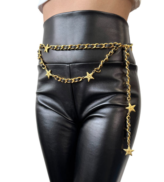 CHANEL Vintage 95A CC Logo Chain Belt Gold Black Leather Metal Star Accessory
