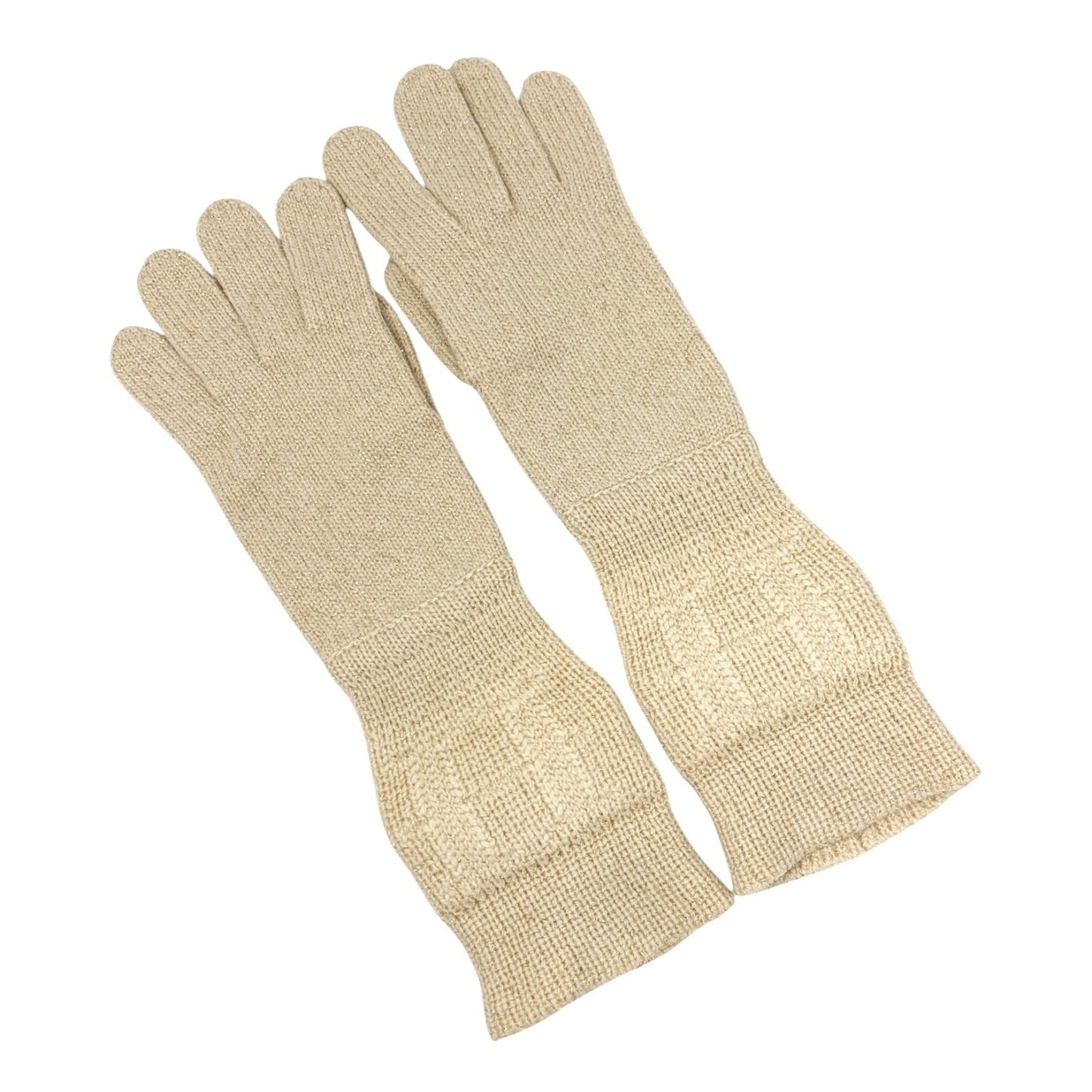 HERMES Vintage H Logo Embroidery Cashmere Ribbed Knit Gloves Glitter Beige Gold