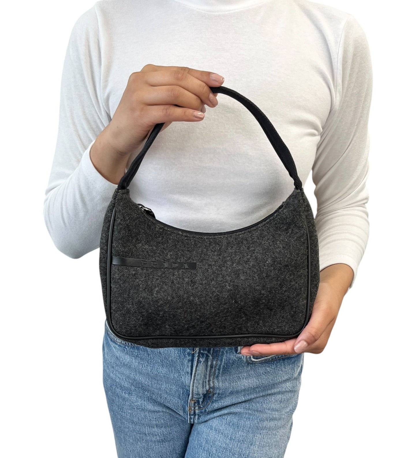 PRADA Sport Vintage Logo Wool Mini Bag Pochette Pouch Gray Black Leather