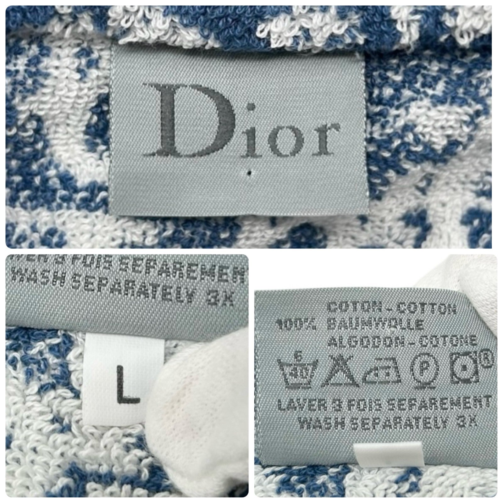 Christian Dior Vintage Trotter Monogram Logo Bathrobe #L Terry Cloth Blue White