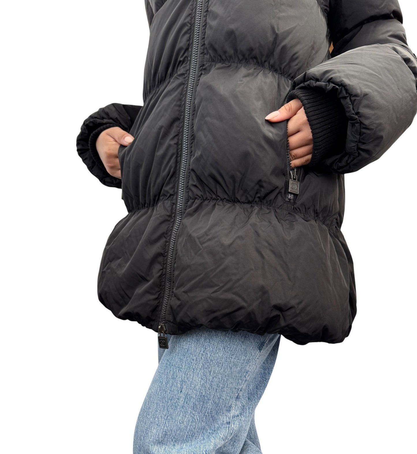 CHANEL Sport Vintage 07A Quilted Puffer Jacket Coat #38 Nylon Black White