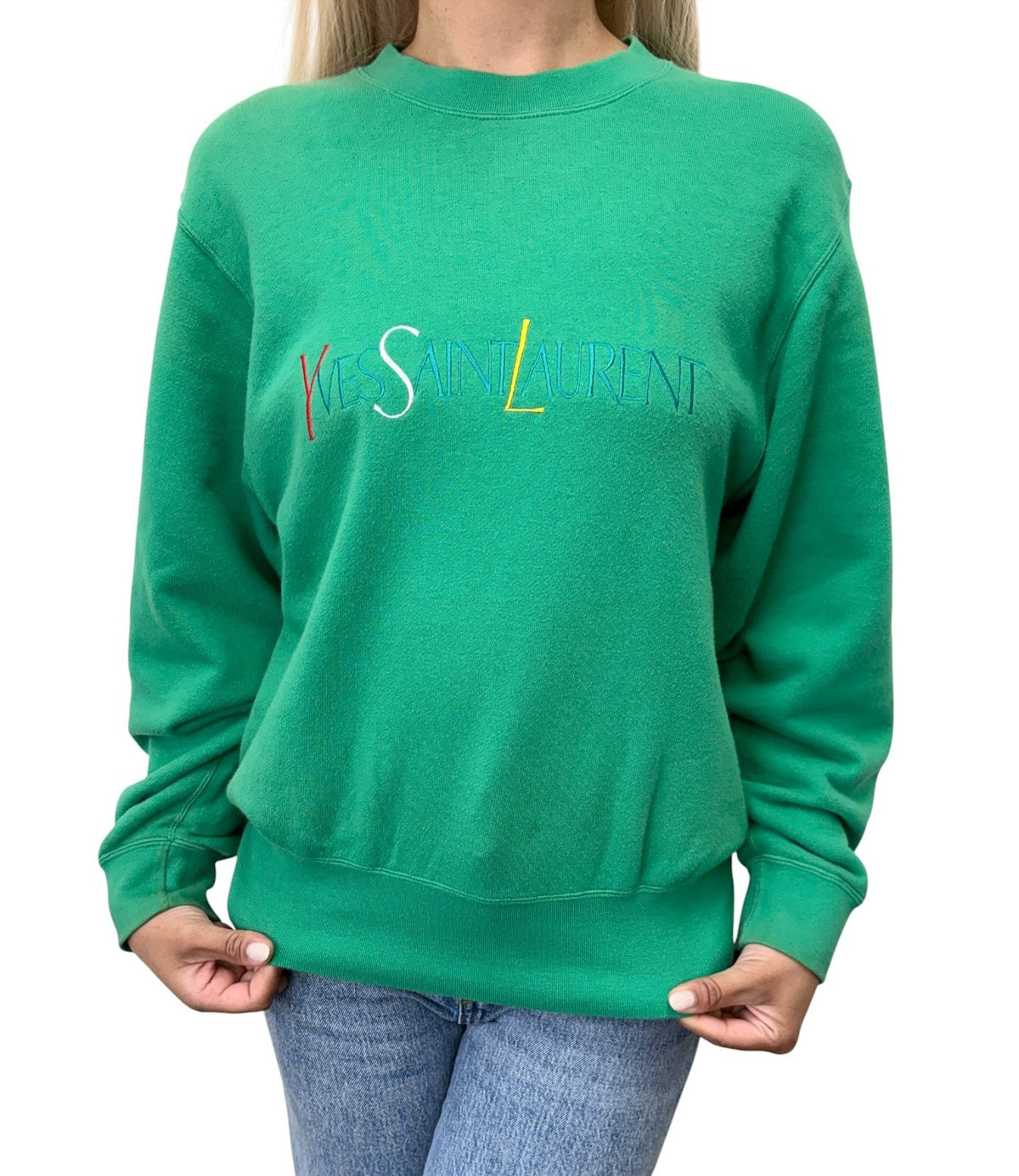 Yves Saint Laurent Vintage Logo Long Sleeve Sweatshirt Top #M  Green 902898