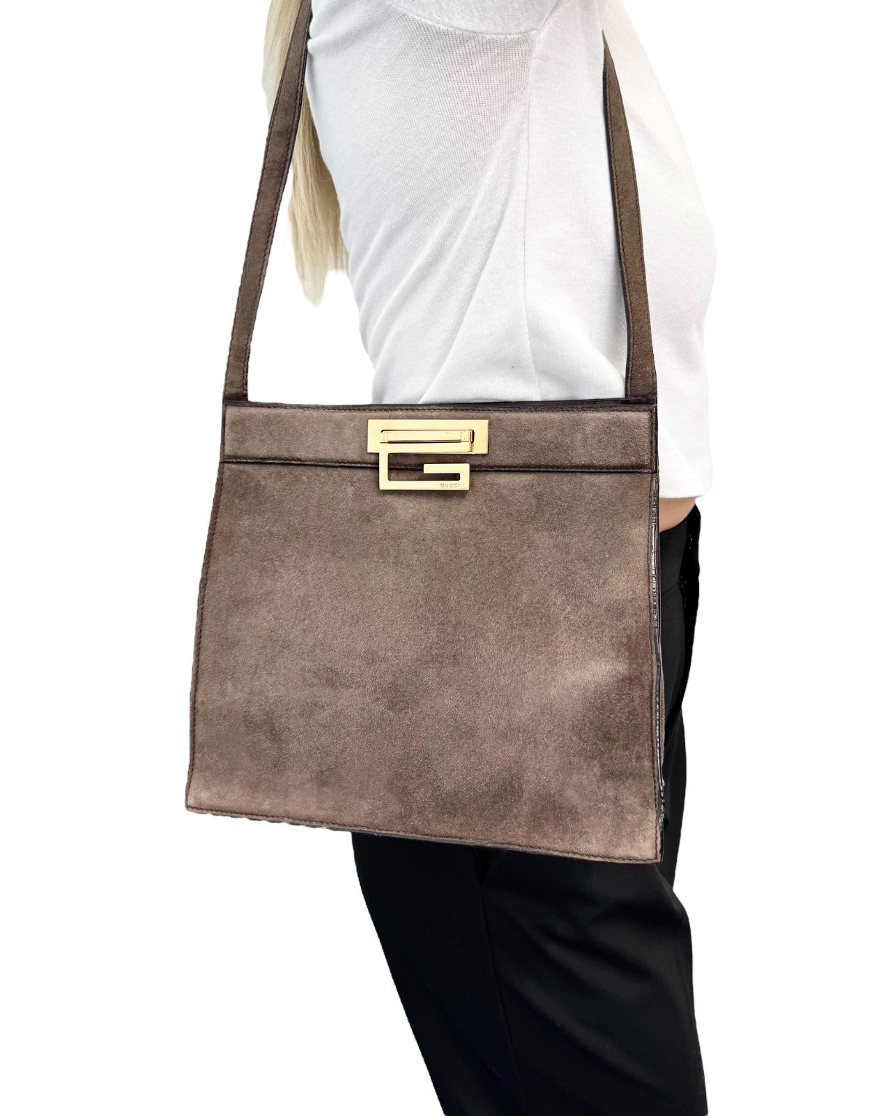 GUCCI Vintage G Square Logo Shoulder Bag Brown Gold Suede Leather 902021