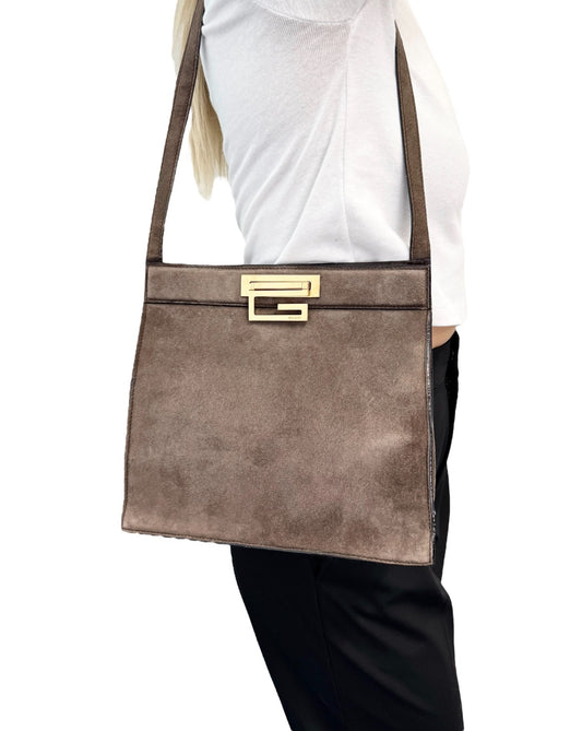 GUCCI Vintage G Square Logo Shoulder Bag Brown Gold Suede Leather 902021