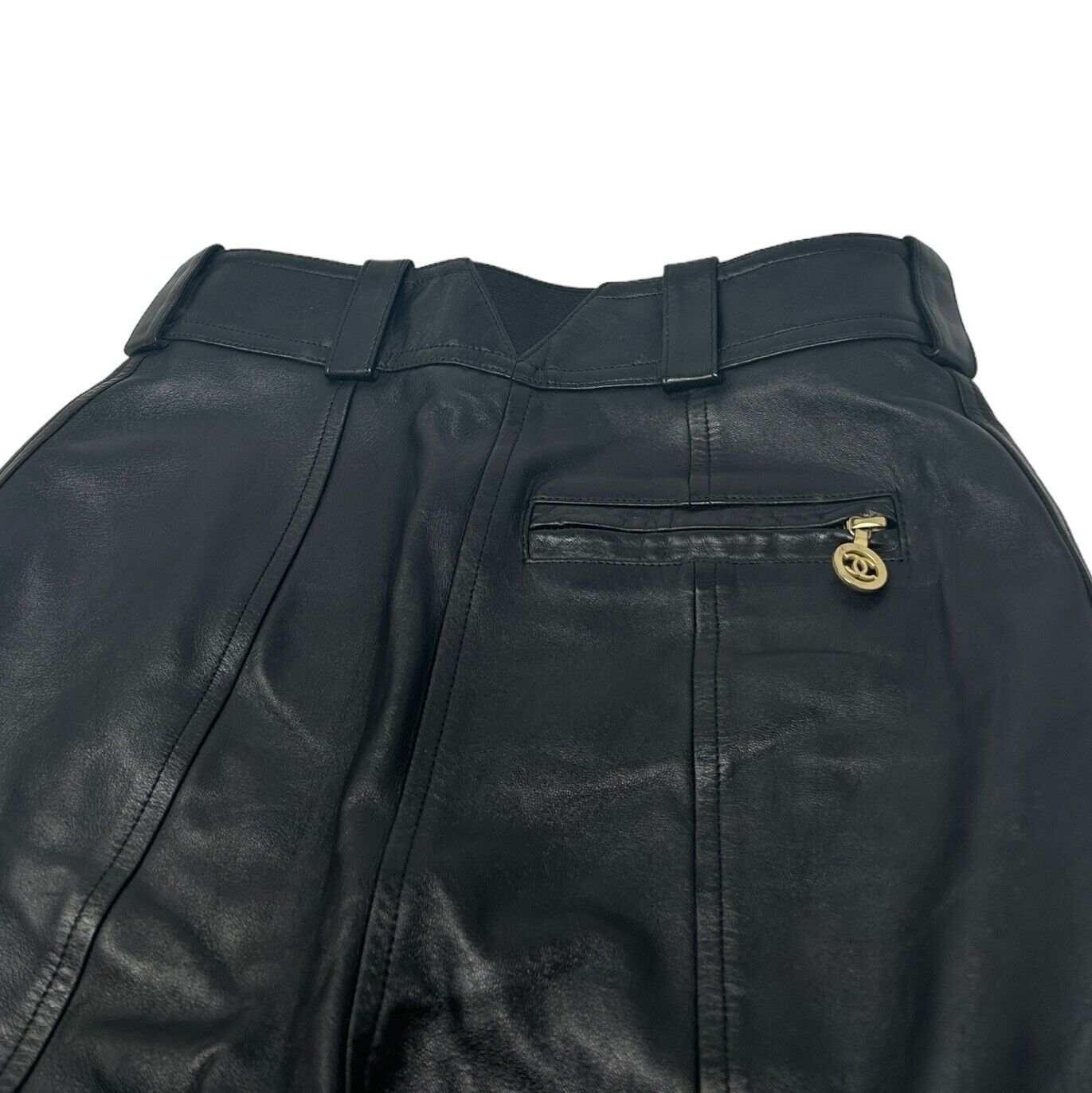 CHANEL Vintage 93A Coco Mark Logo Pants #38 Black Gold Zip Leather Rank AB