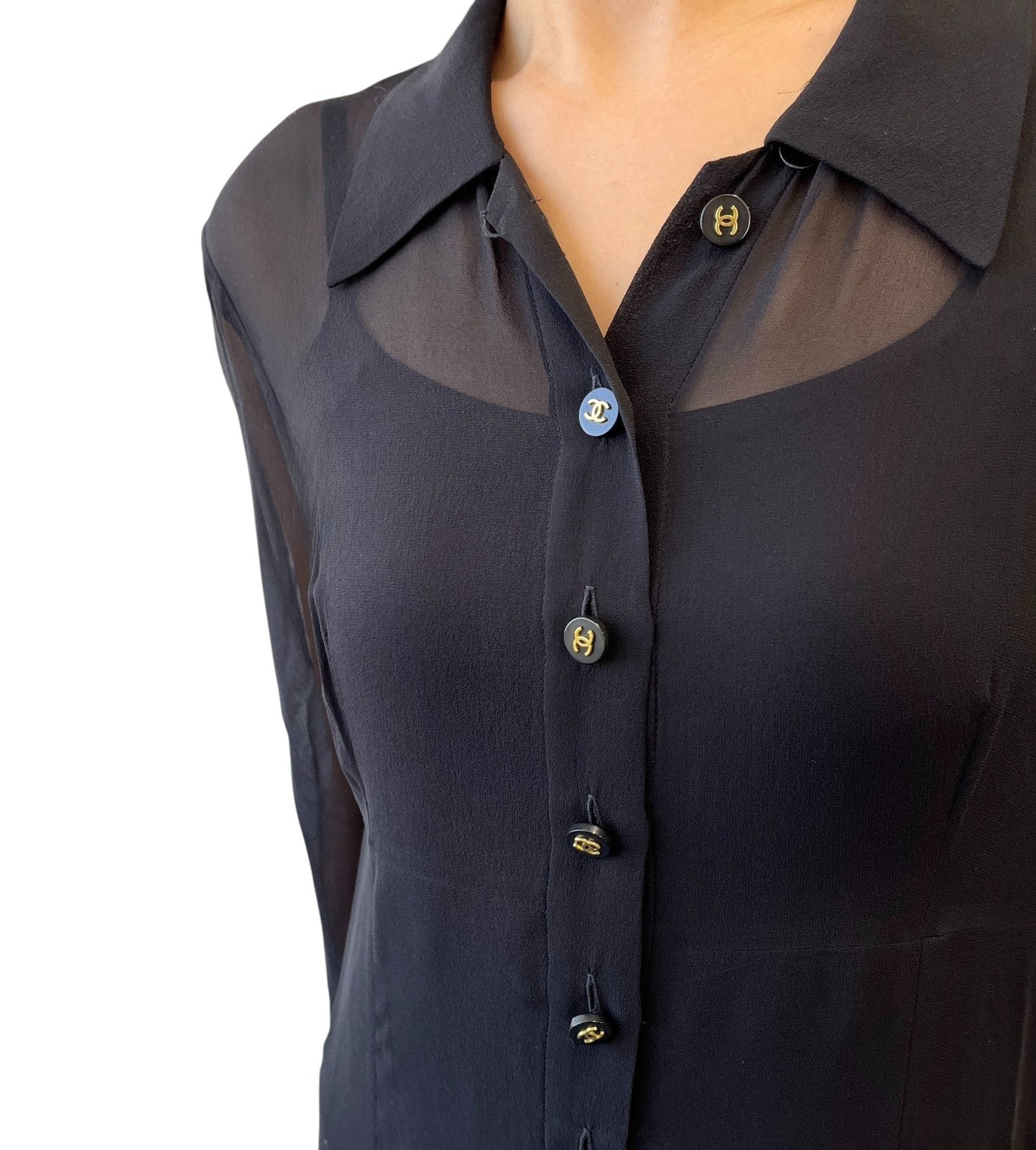 CHANEL Vintage 94A CC Logo See-through One-piece #38 Black Gold Wool Button