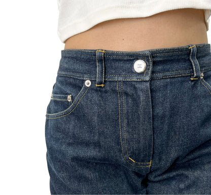CHANEL Vintage CC Logo Denim Short Pants #36 Dark Blue Silver Cotton 902896