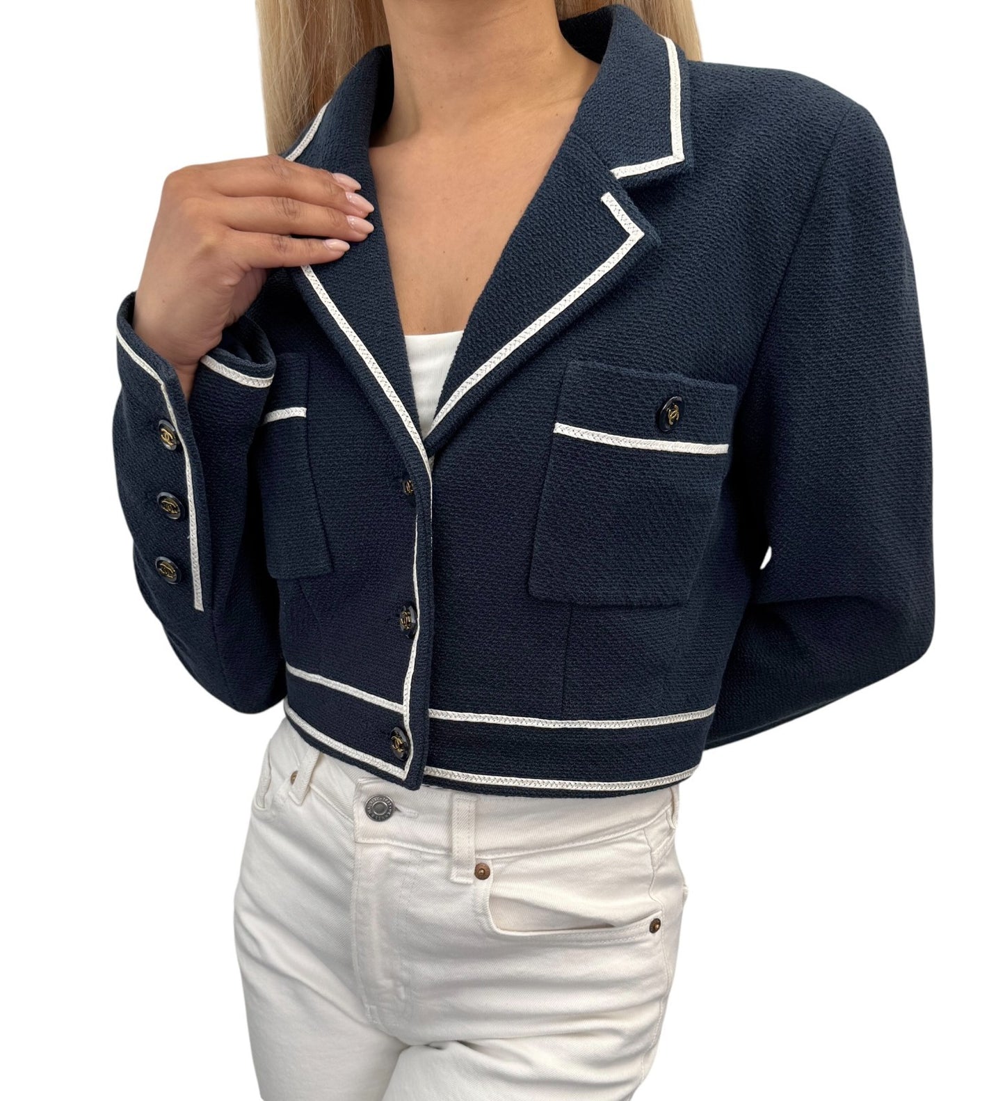CHANEL Vintage P95 CC Logo Collared Cropped Jacket #42 Dark Blue Cotton Button