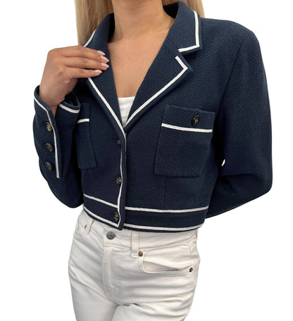 CHANEL Vintage P95 CC Logo Collared Cropped Jacket #42 Dark Blue Cotton Button