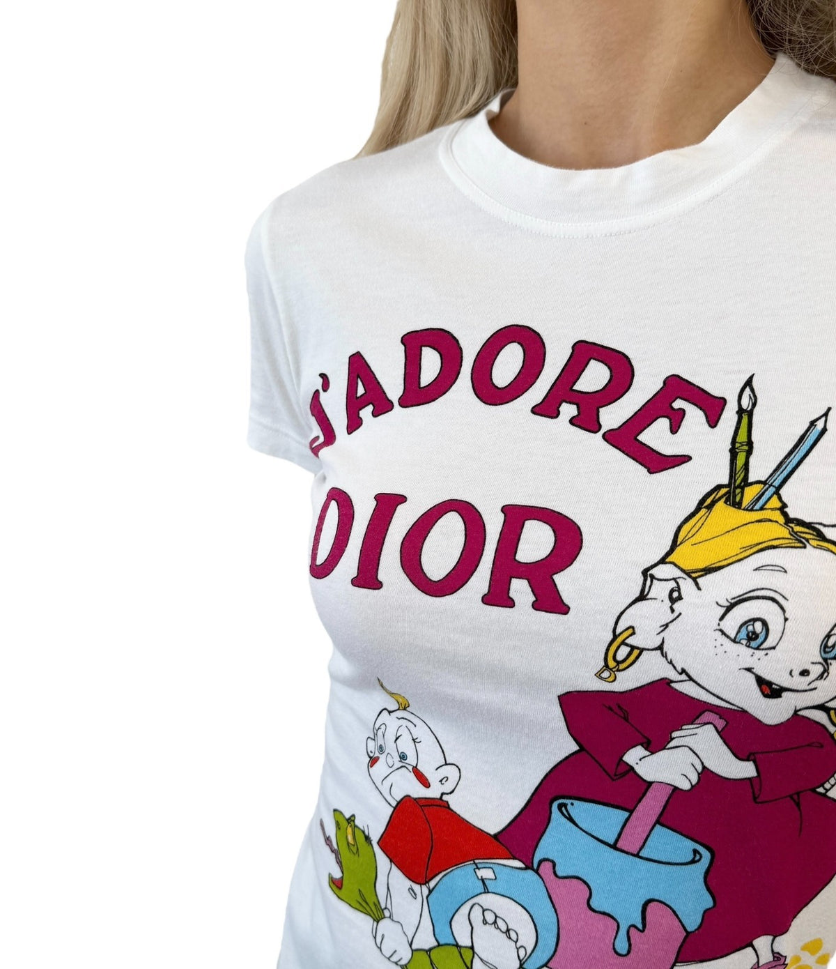 Christian Dior Vintage 2002 J'ADORE Logo Cartoon T-shirt Top #38 White 902451
