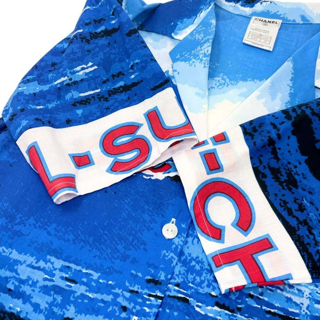CHANEL Surf Vintage 02S CC Logo Aloha Shirt Top #36 Blue White Cotton 902834