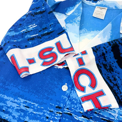 CHANEL Surf Vintage 02S CC Logo Aloha Shirt Top #36 Blue White Cotton 902834