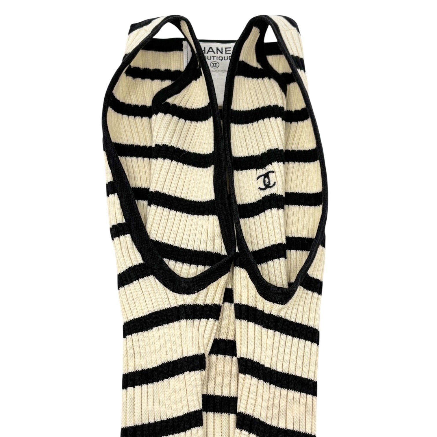 CHANEL Vintage 98P CC Mark Logo Striped Knit Tank Top #38 Cream Black Cotton