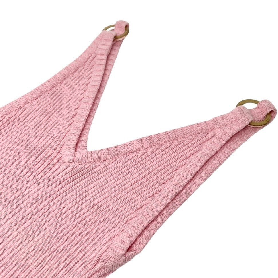 CHANEL Vintage 01C CC Logo Rib Knit Tank Top #38 Pink Gold Ring Cotton Rank AB