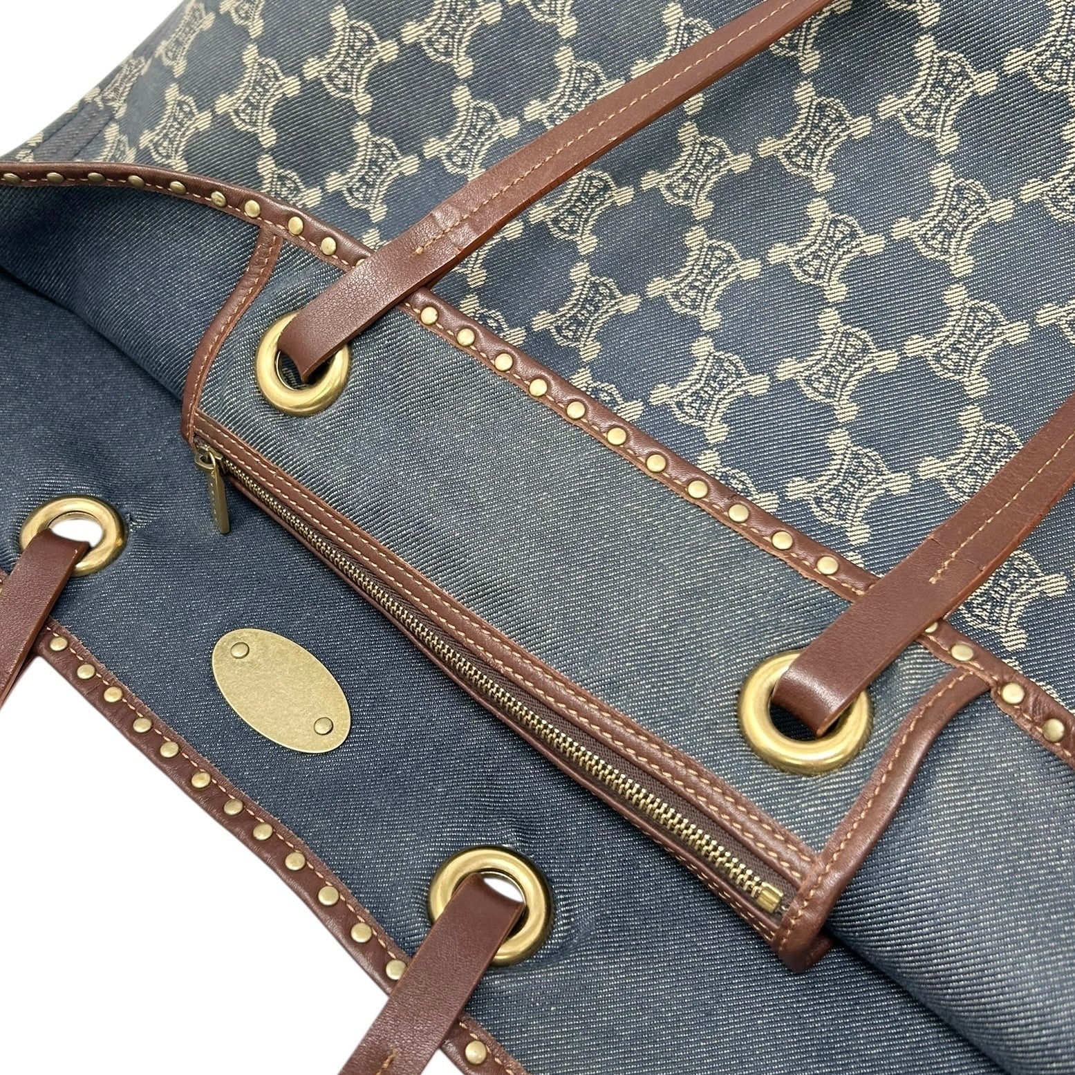 CELINE Vintage Macadam Monogram Logo Denim Tote Bag Blue Gold Cotton Leather